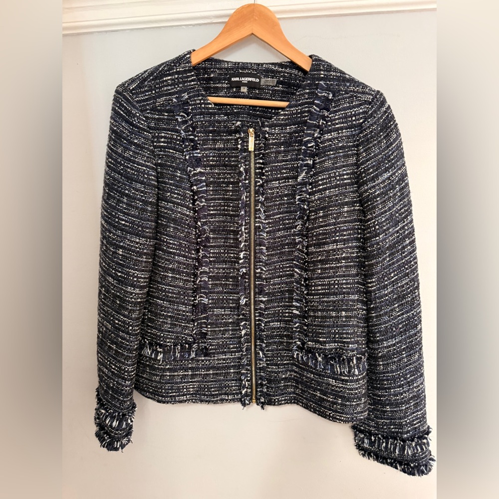 Karl Lagerfeld Navy and White Tweed Blazer